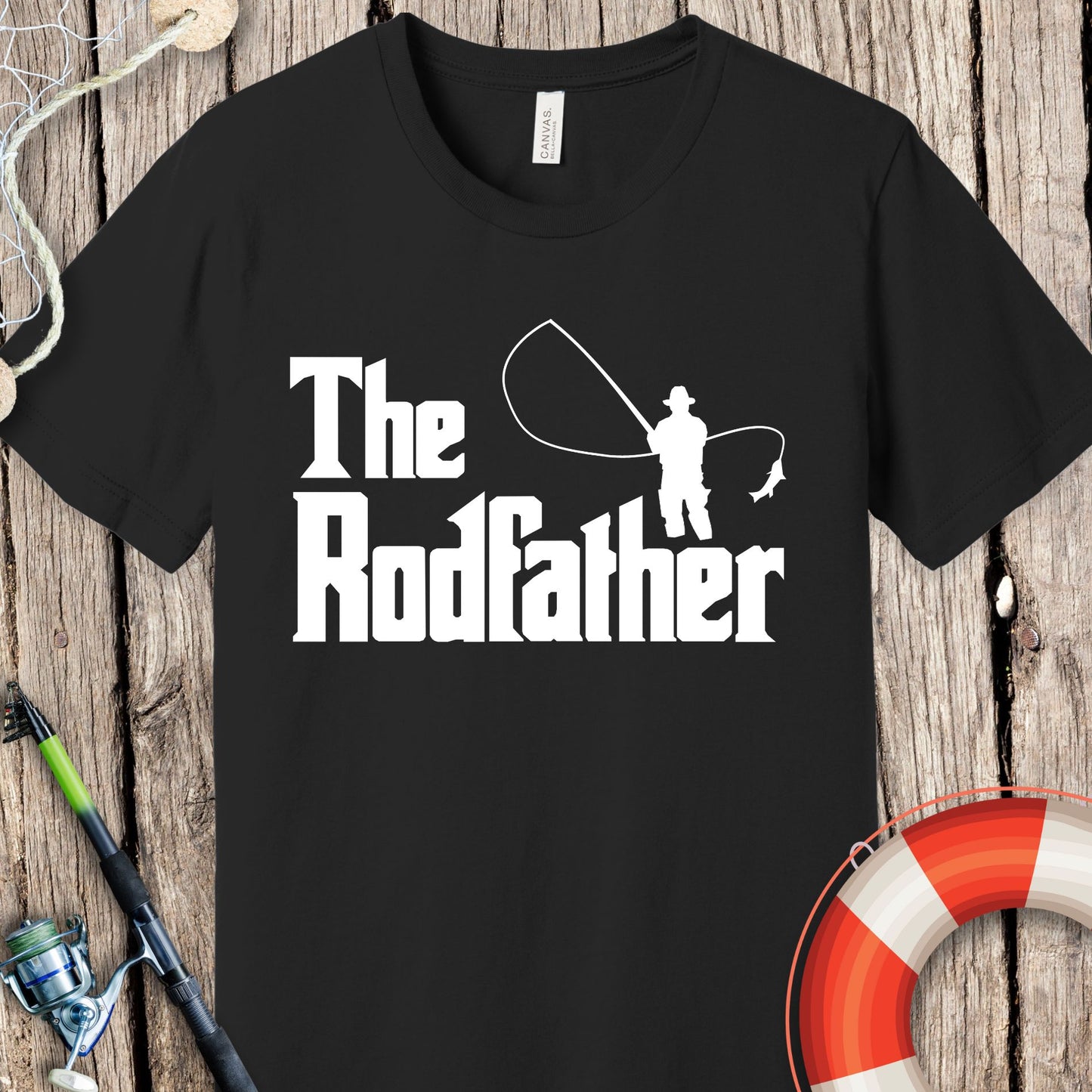 Black T-shirt with The Rodfather fishing design, perfect fishing gift for dad from Printify