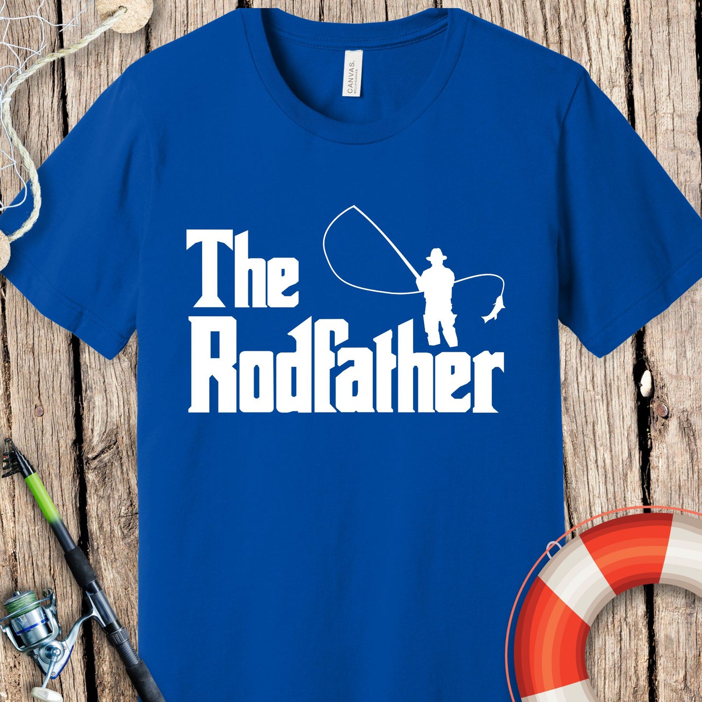 Blue fishing gift for dad T-shirt with The Rodfather white text and fishing graphic