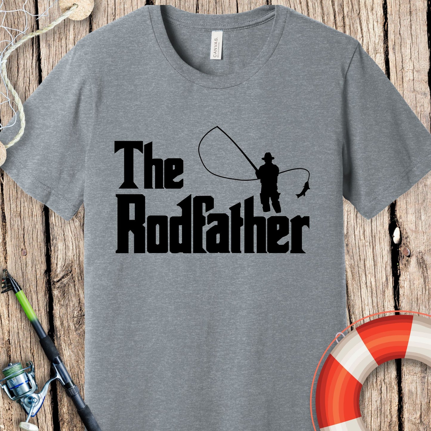 Gray Printify T-shirt with The Rodfather fishing graphic design, ideal fishing gift for dad