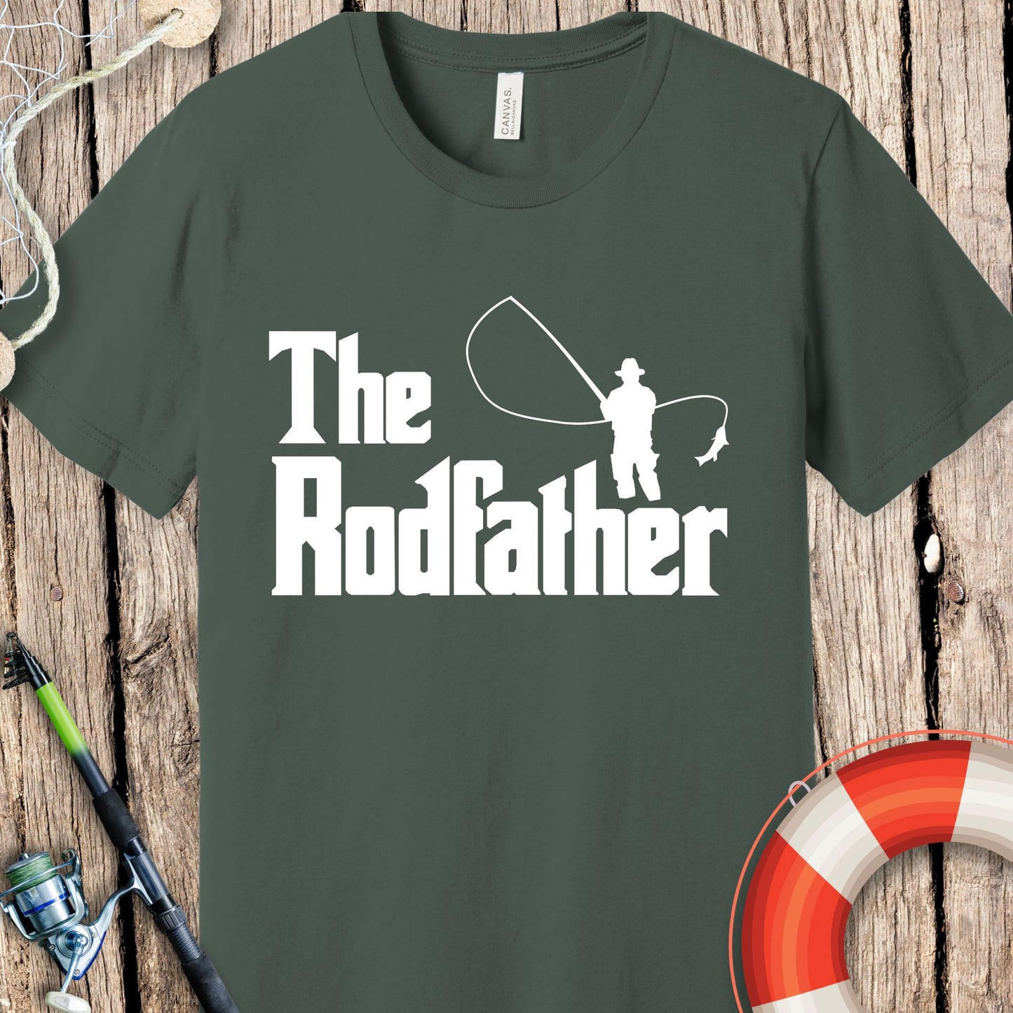 Green Printify T-Shirt with The Rodfather fishing design perfect fishing gift for dad