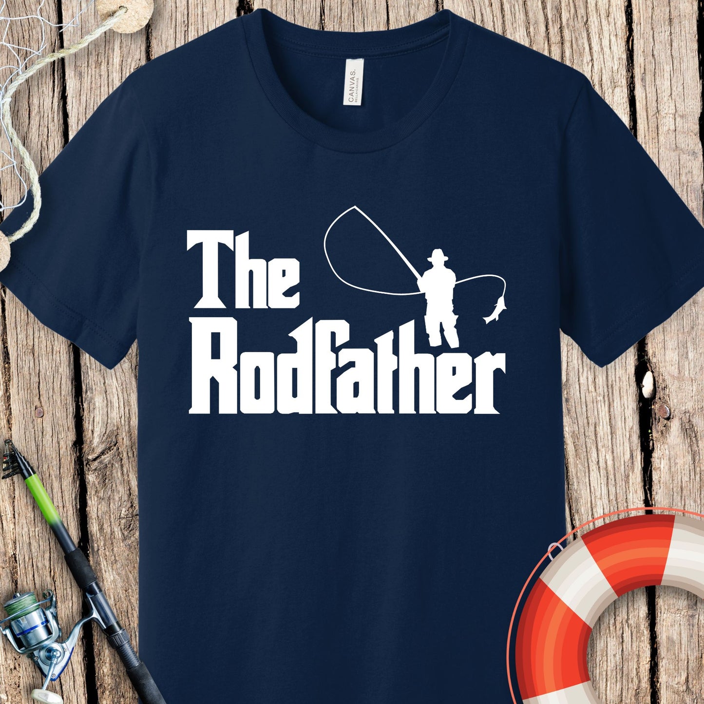 Navy blue T-shirt with The Rodfather fishing design, perfect fishing gift for dad from Printify