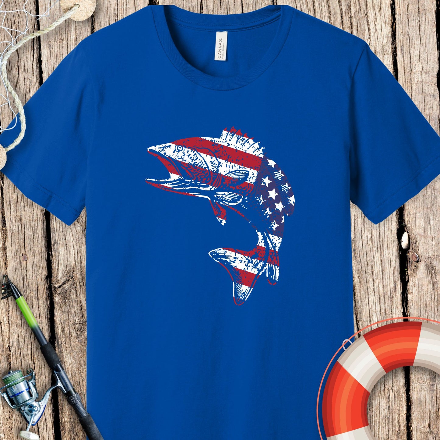 Blue fishing t-shirts featuring an American flag design fish graphic by Printify