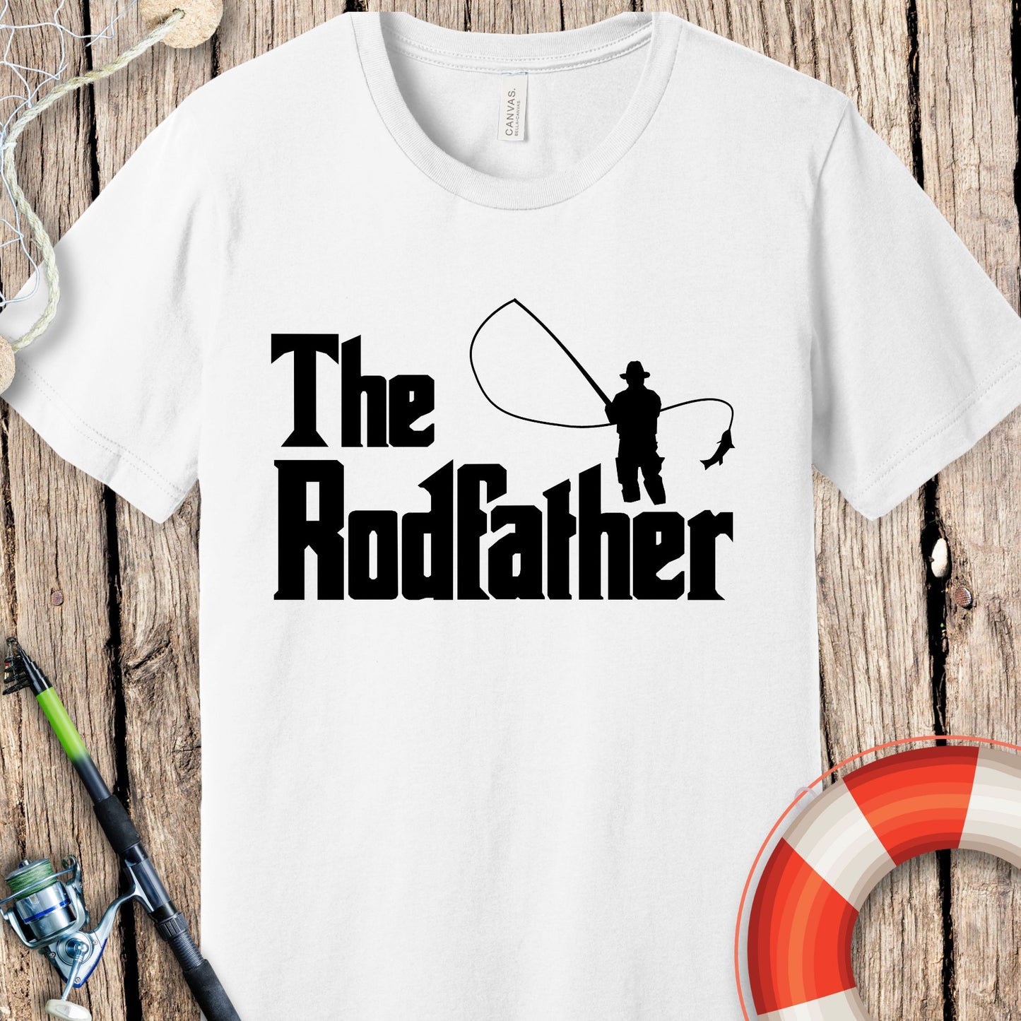 White Printify T-shirt with The Rodfather fishing design, perfect fishing gift for dad