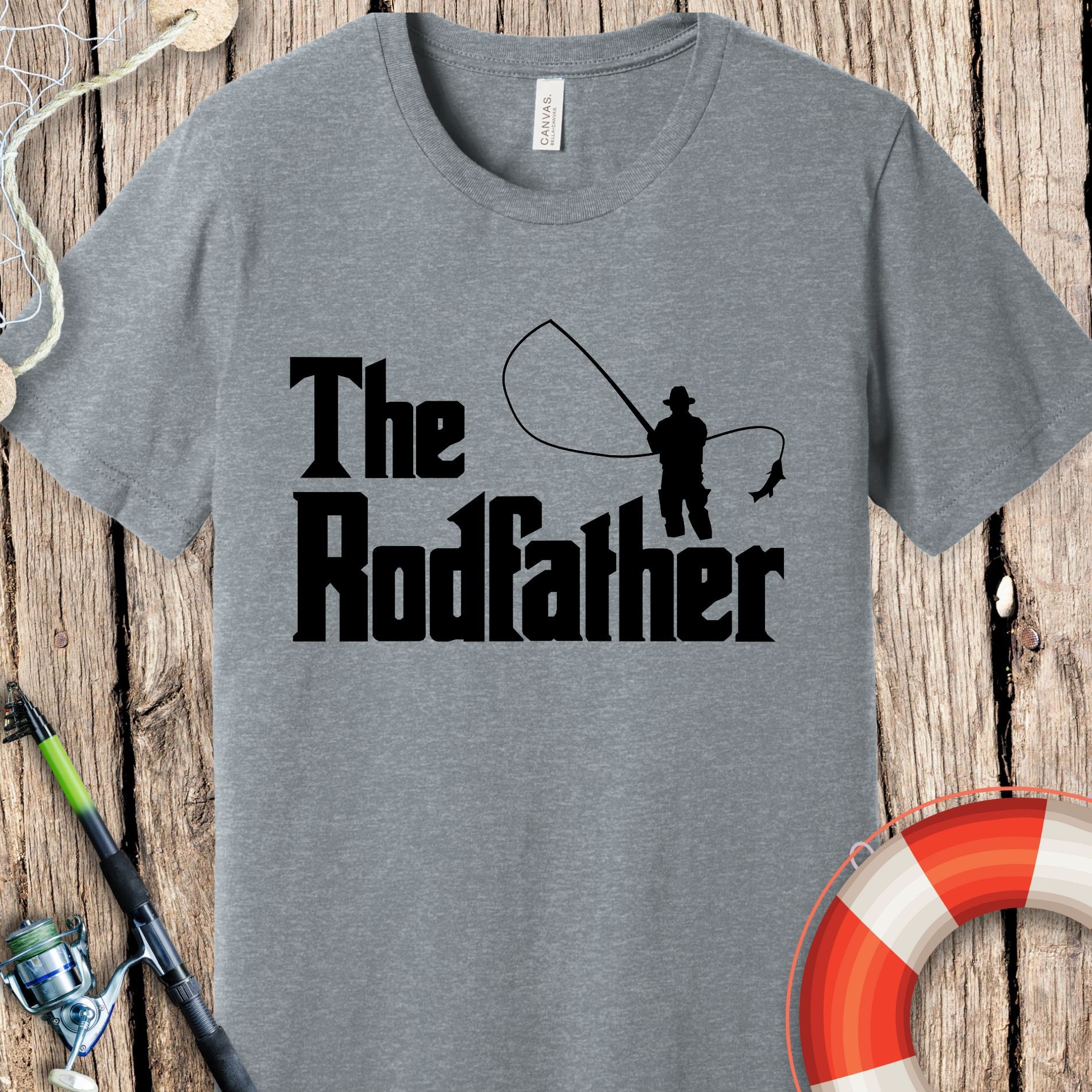 Gray Printify T-shirt with The Rodfather fishing graphic design, ideal fishing gift for dad