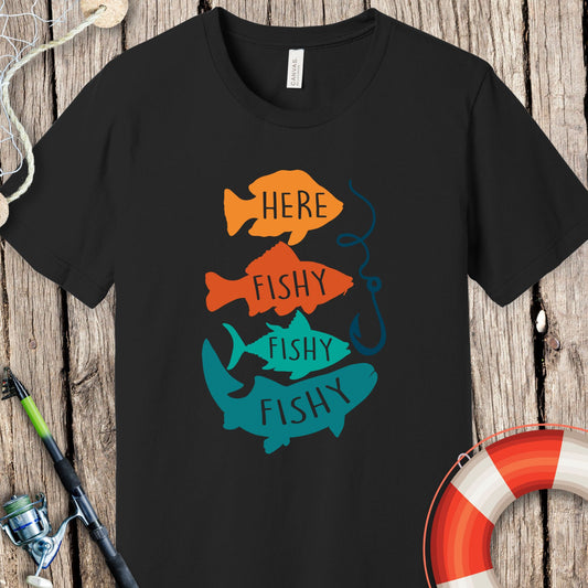 Black Printify fishing t-shirt with colorful fish graphic and humorous fish hook design