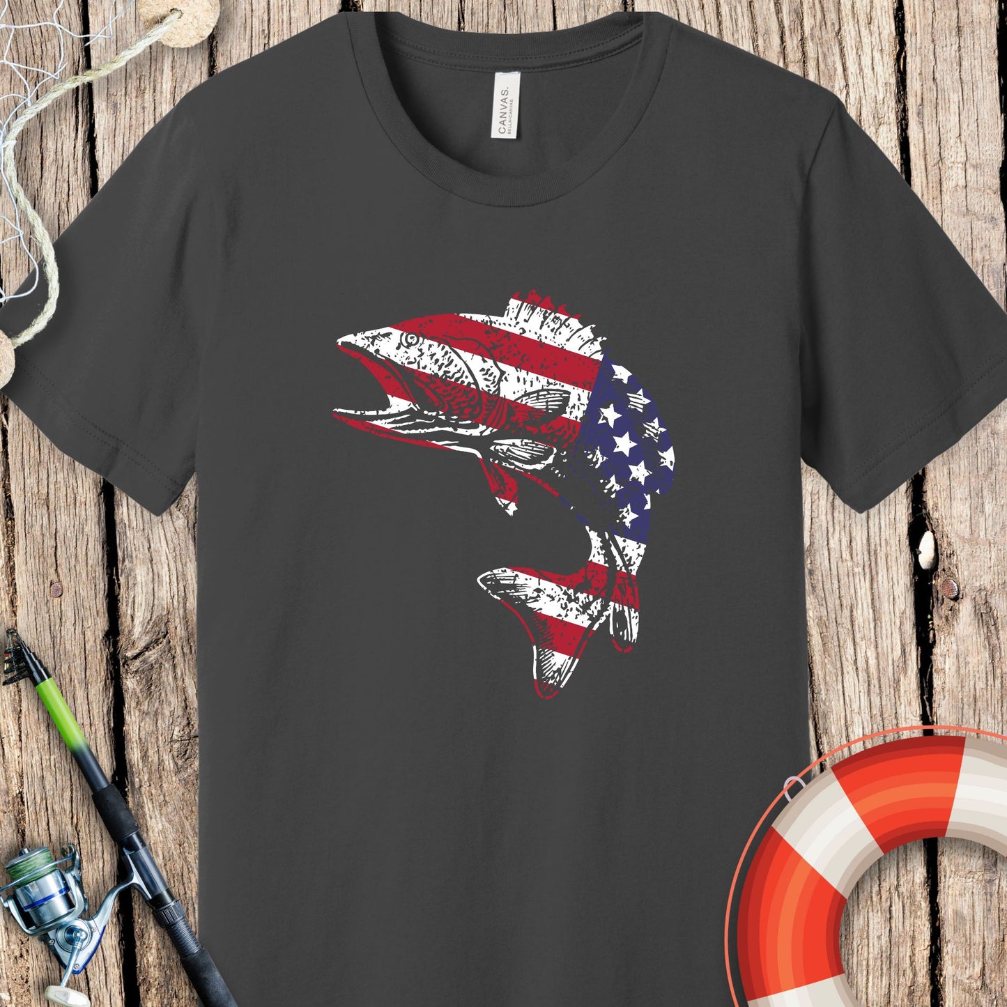 Printify fishing t-shirts with American flag fish design on charcoal gray shirt