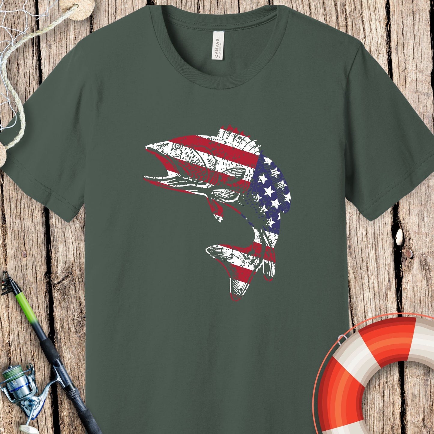 Green Printify T-shirt with American flag styled fish graphic perfect fishing t-shirts